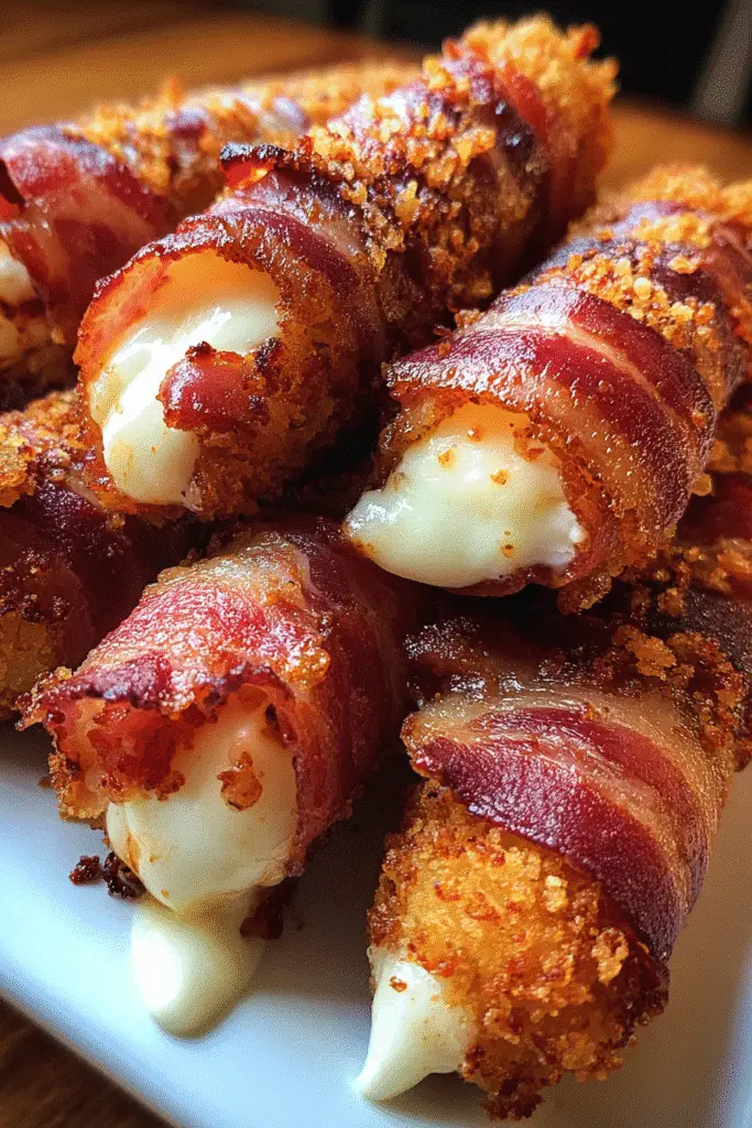 Nashville Hot Bacon Wrapped Mozzarella Sticks Pinterest pin with premium bacon and quality cheese ingredients
