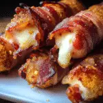 Nashville Hot Bacon Wrapped Mozzarella Sticks appetizer featuring premium crispy bacon and melted cheese with spicy coating