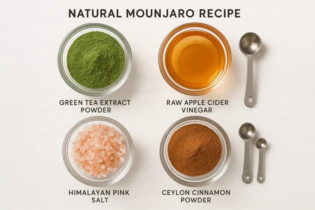 Four natural mounjaro recipe ingredients arranged in bowls for weight loss drink