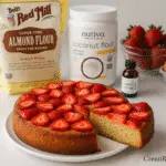 No sugar no flour strawberry cake sliced on marble counter - CrennRecipes healthy dessert