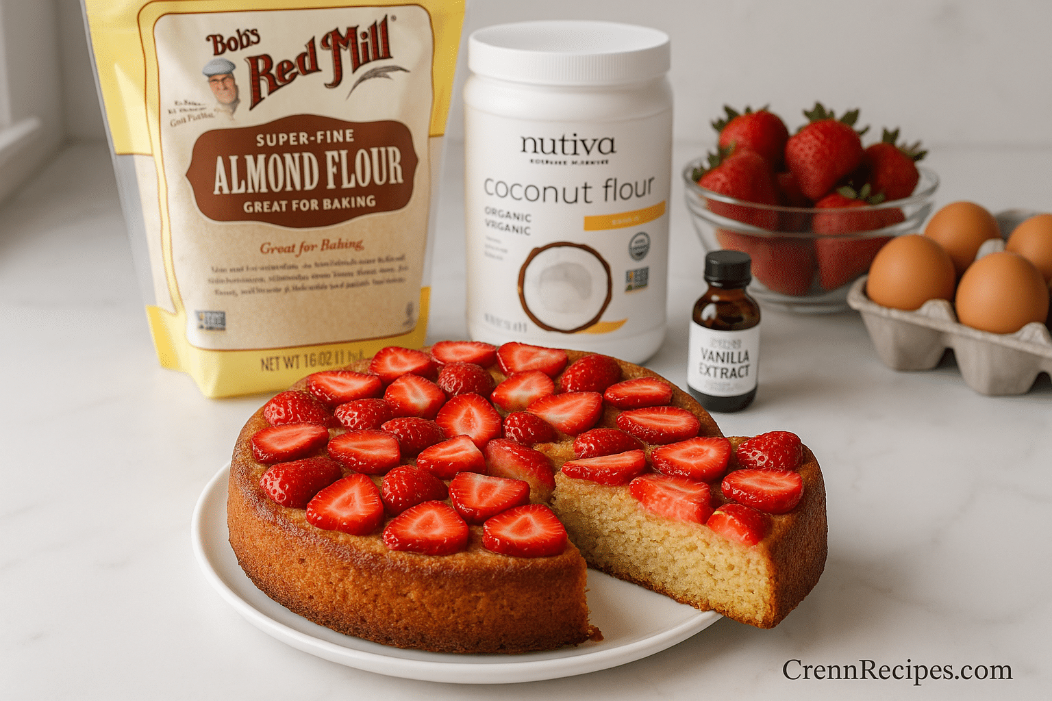 No sugar no flour strawberry cake sliced on marble counter - CrennRecipes healthy dessert