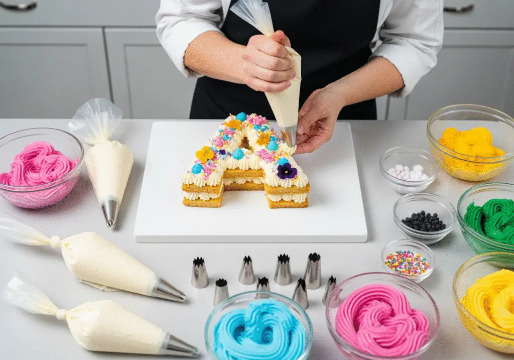 Number letter cake decorating process tutorial with buttercream piping techniques