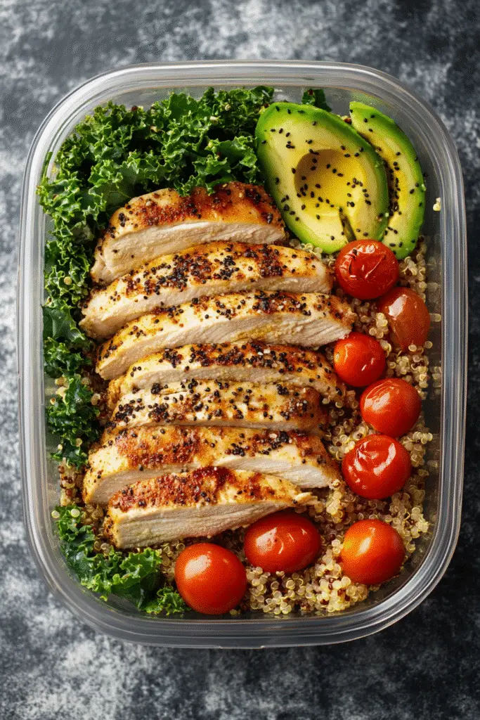 Office lunch trends 2024 meal prep container with quinoa kale power bowl ingredients