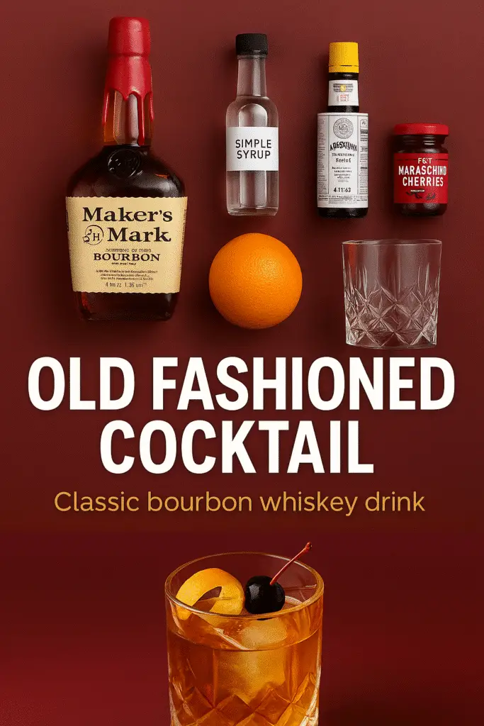 Old Fashioned cocktail recipe Pinterest pin featuring bourbon whiskey ingredients and classic preparation method