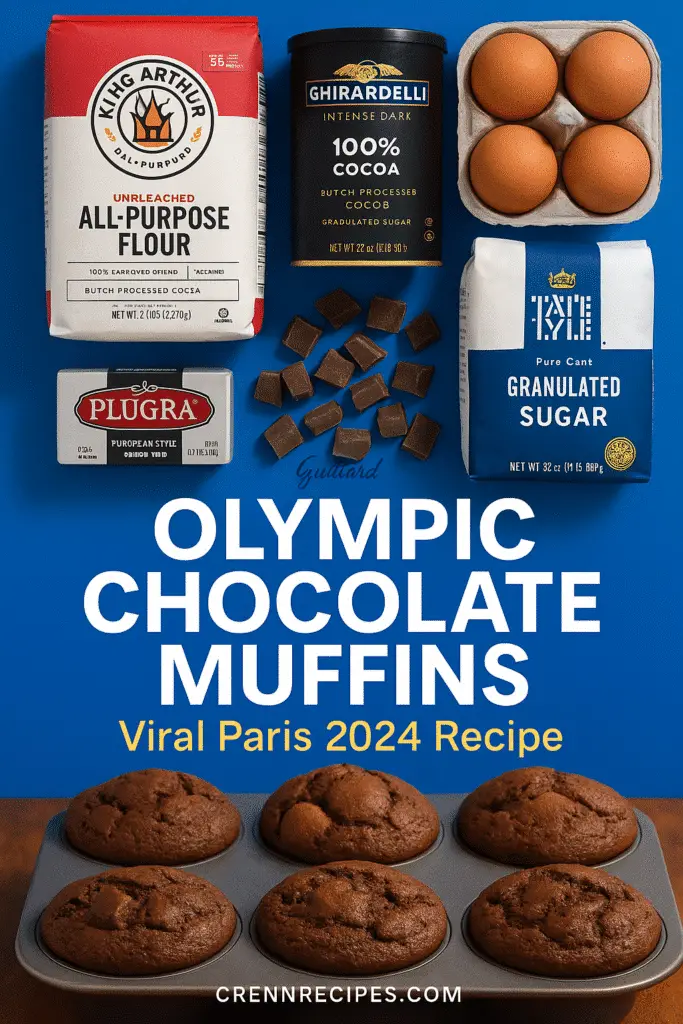 Olympic chocolate muffins Pinterest recipe pin - King Arthur flour Ghirardelli cocoa Paris 2024 viral baking