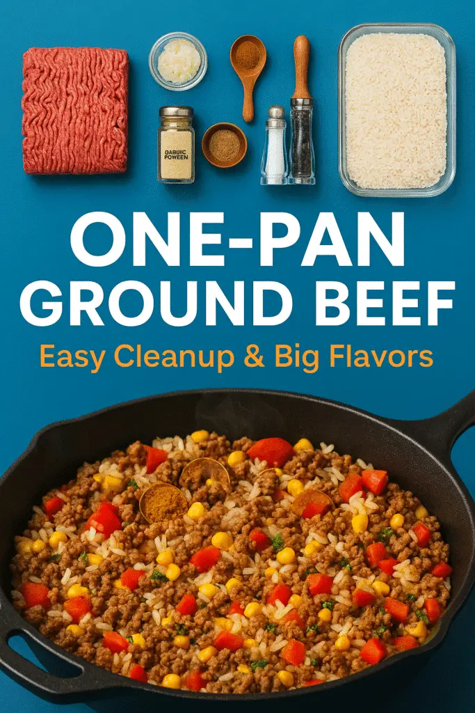 One-pan ground beef recipes Pinterest pin showing ingredients and finished skillet meal with rice and vegetables