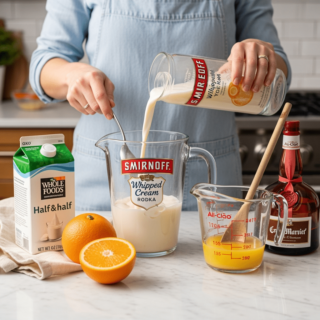 Step 1: Mixing orange creamsicle sangria with All-Clad measuring tools and Smirnoff vodka