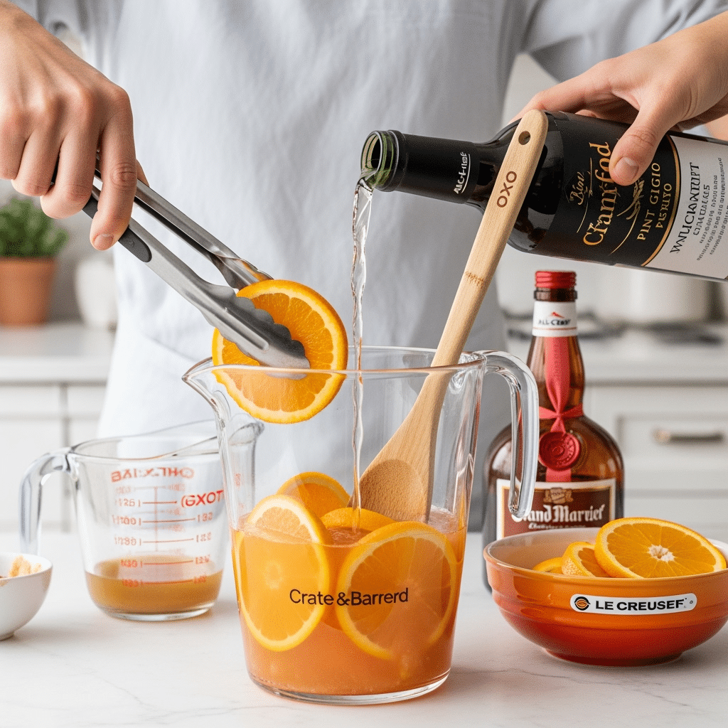 Step 2: Adding Kim Crawford wine to sangria using Cuisinart tongs and professional techniques
