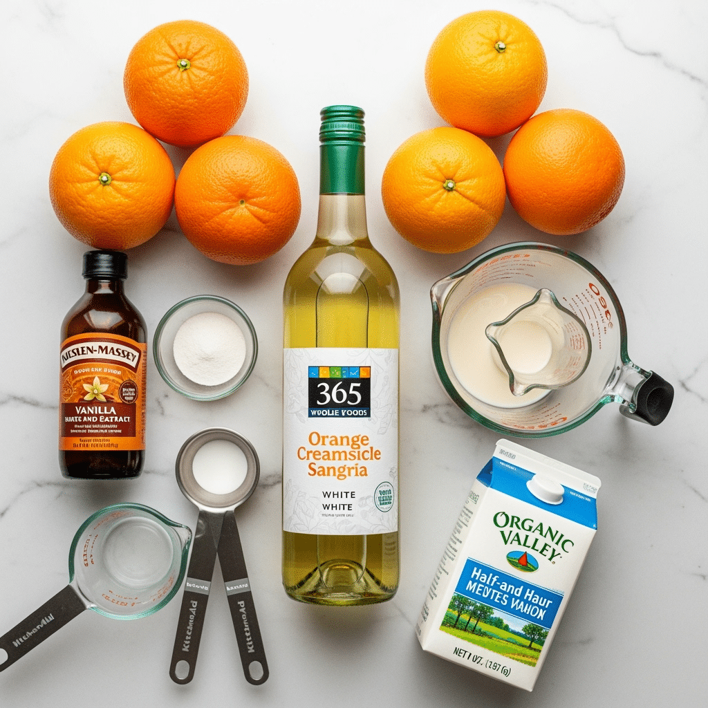Orange Creamsicle Sangria ingredients featuring Whole Foods 365 wine and Nielsen-Massey vanilla extract