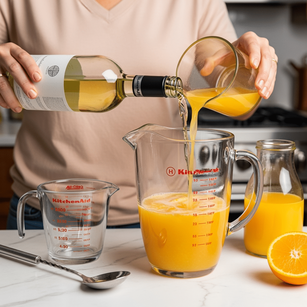 Orange Creamsicle Sangria mixing process with KitchenAid tools and All-Clad mixing spoon