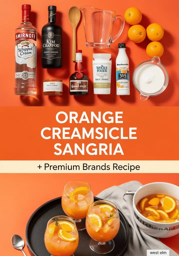 Orange creamsicle sangria Pinterest recipe with Williams Sonoma, Whole Foods, and Smirnoff brands