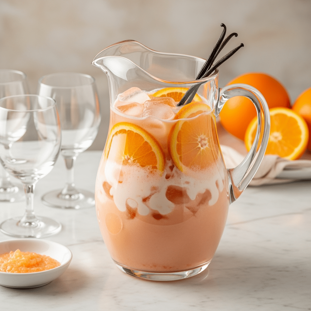 Orange Creamsicle Sangria recipe in crystal pitcher with orange slices and Williams Sonoma glasses