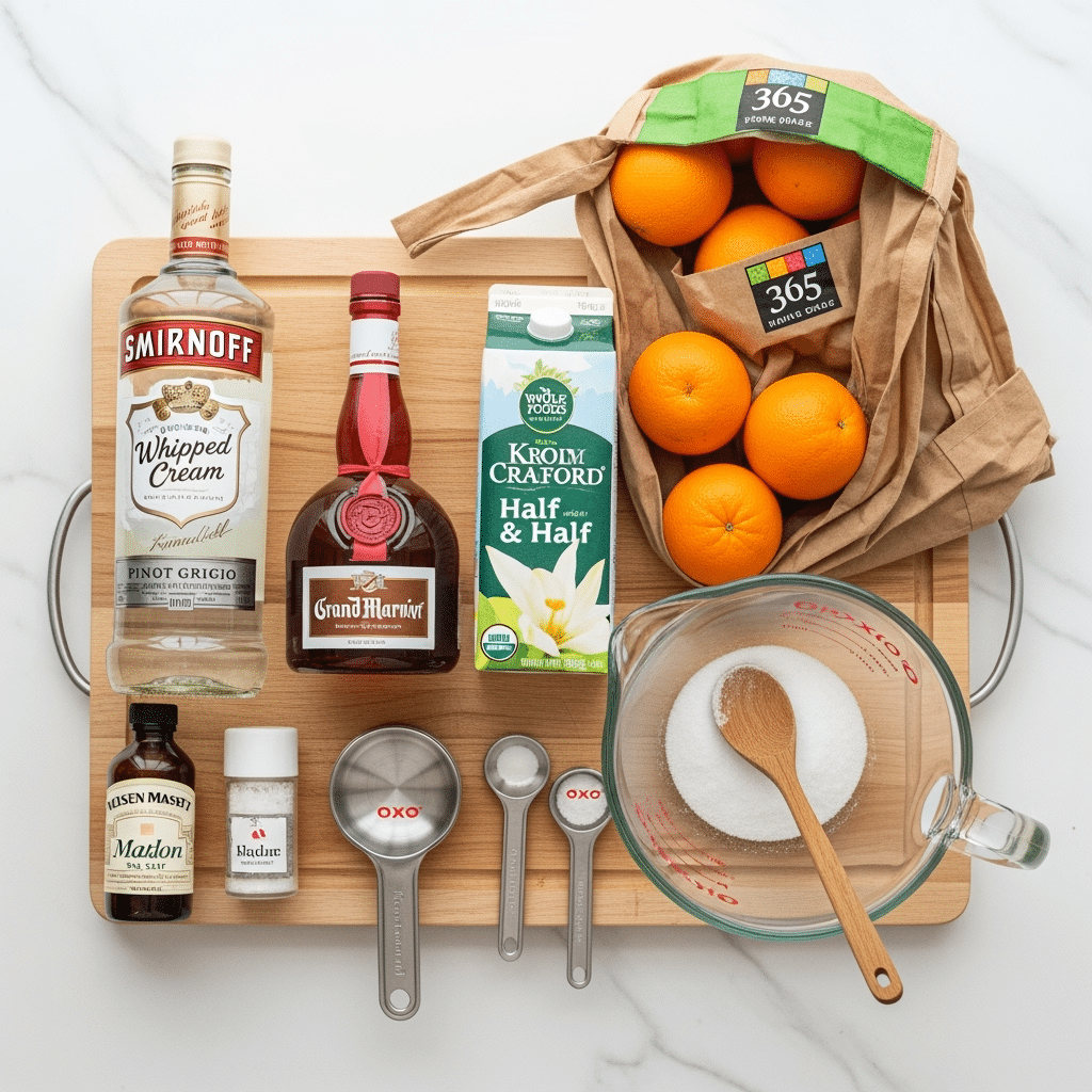 Orange creamsicle sangria ingredients featuring Whole Foods organics, Smirnoff vodka, and KitchenAid tools