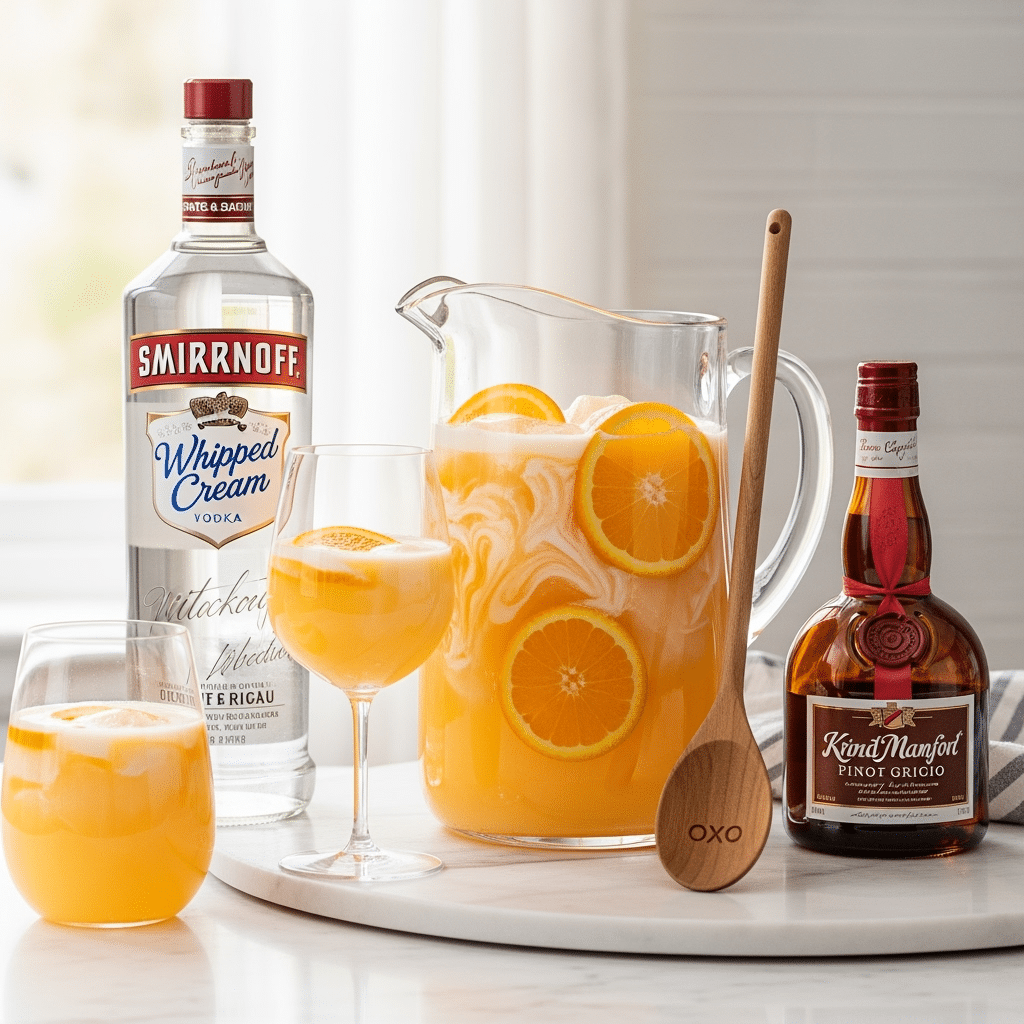 Orange creamsicle sangria recipe in Williams Sonoma glasses with Smirnoff vodka and premium ingredients
