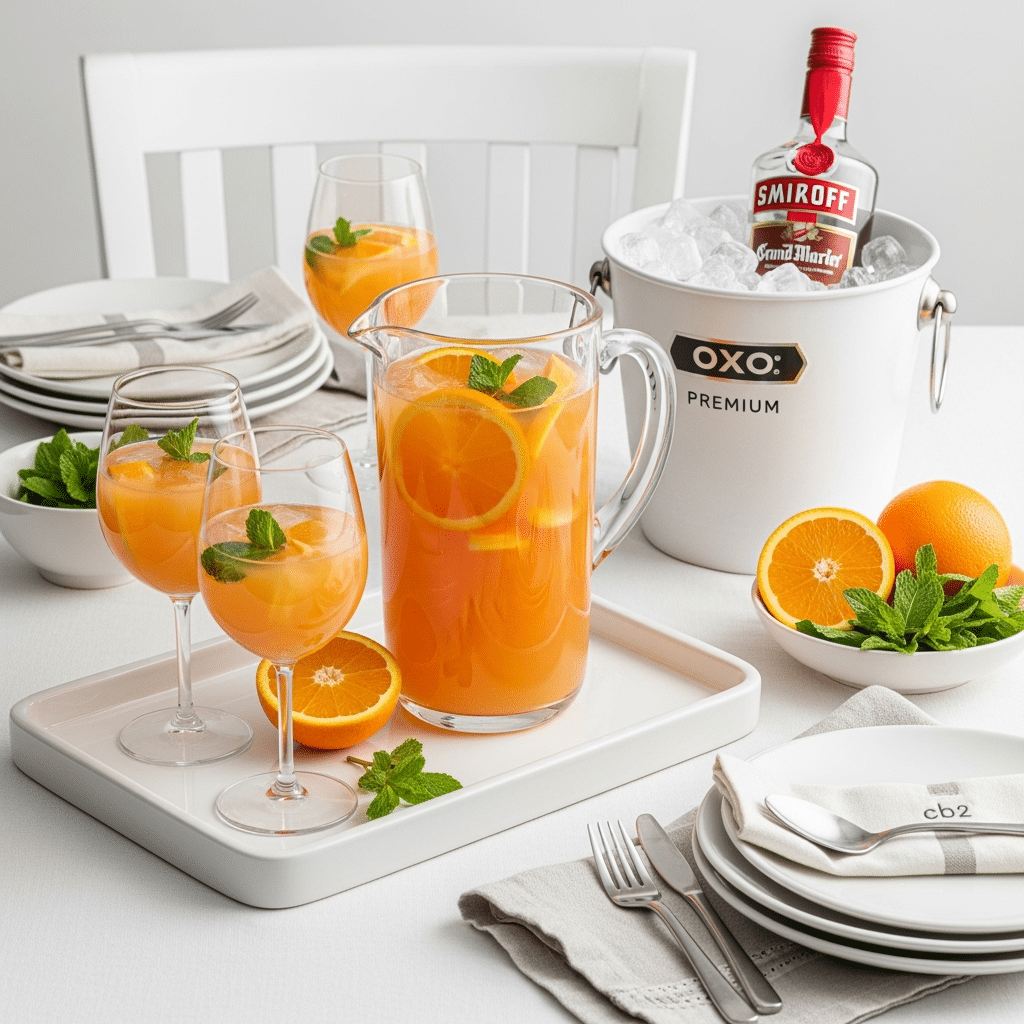 Orange creamsicle sangria served in Williams Sonoma glasses on West Elm serving pieces