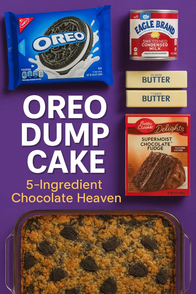 Oreo Dump Cake Pinterest pin showing 5 ingredients and finished dessert - CrennRecipes easy recipe