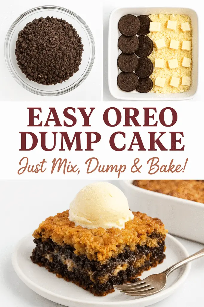 Easy Oreo Dump Cake recipe steps and slice on plate - CrennRecipes.com dessert tutorial