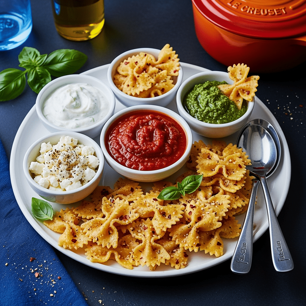 Crispy pasta chips with five gourmet dips on Williams Sonoma plate featuring Le Creuset cookware