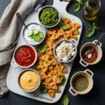Elegant pasta chips final presentation on Anthropologie board with West Elm bowls and Le Creuset accessories