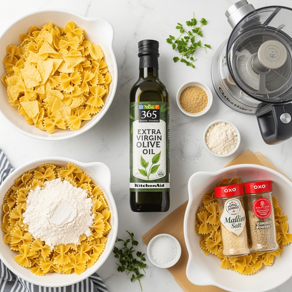Pasta chips ingredients featuring KitchenAid bowls, Whole Foods olive oil and premium seasonings on marble
