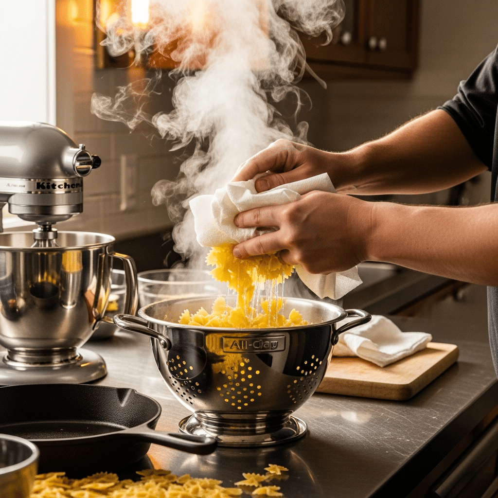 Professional pasta draining technique using All-Clad colander with KitchenAid mixer in professional kitchen