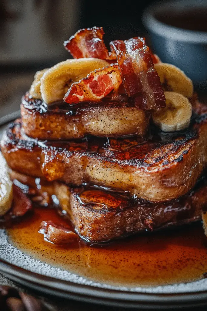 Easy Peanut Butter Bacon Banana French Toast Bake recipe perfect for weekend brunch Pinterest
