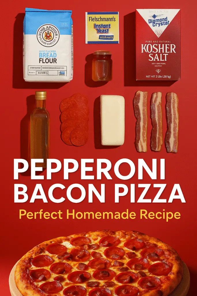 Pepperoni bacon pizza ingredients layout featuring premium mozzarella and bacon for CrennRecipes homemade pizza recipe