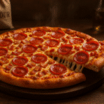 Perfect pepperoni bacon pizza with crispy crust and melted mozzarella cheese on wooden cutting board