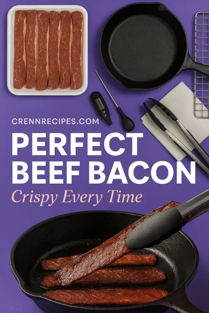 CrennRecipes beef bacon recipe pin featuring professional cooking methods with premium cast iron and precision tools