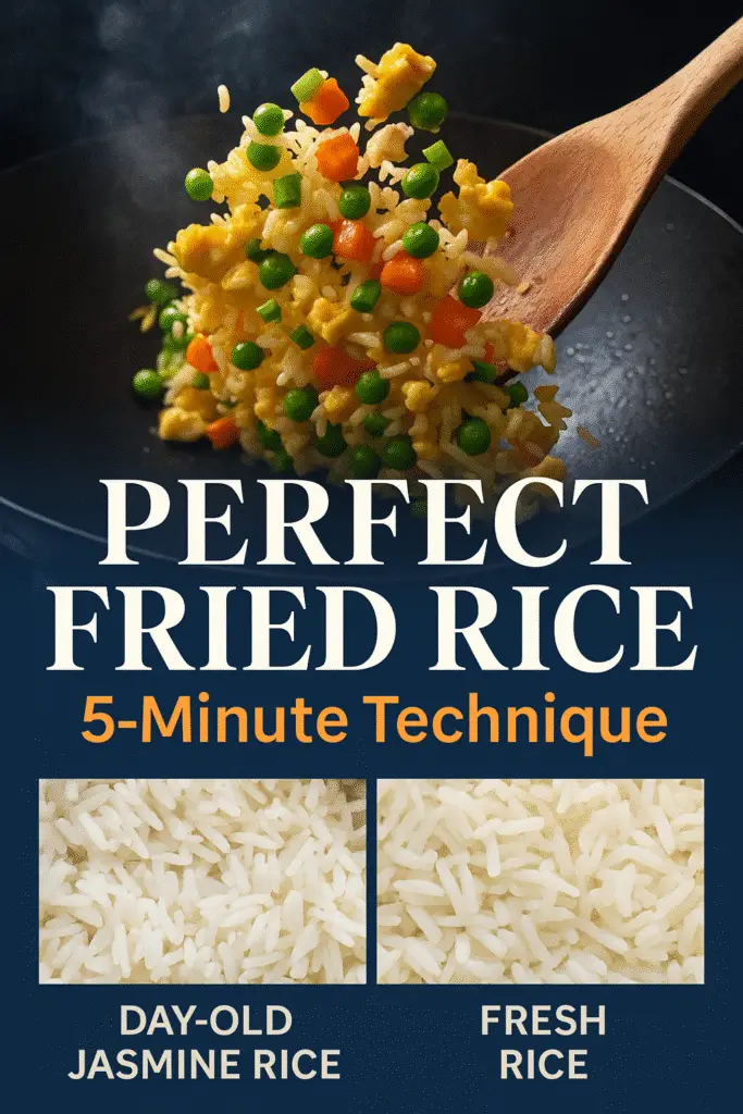 Perfect fried rice cooking technique Pinterest pin showing wok stir-frying method - CrennRecipes expert tips