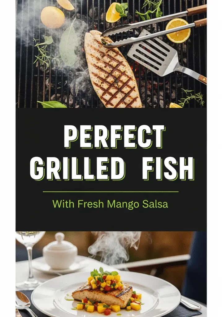 Perfect grilled fish with mango salsa Pinterest pin showing grilling process - CrennRecipes professional cooking guide