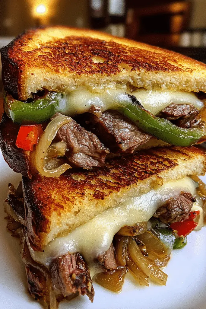 Melted provolone cheese stretching from Philly Cheesesteak Grilled Cheese sandwich showing perfect cheese pull