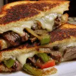Golden crispy Philly Cheesesteak Grilled Cheese sandwich with melted provolone cheese and tender ribeye steak