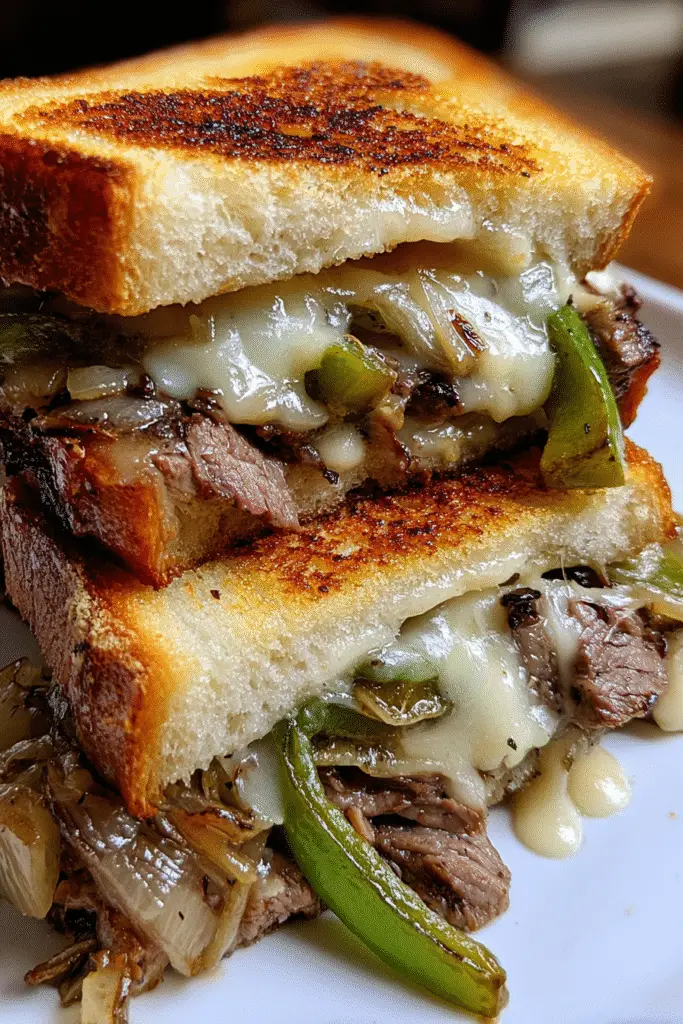 Complete Philly Cheesesteak Grilled Cheese meal with crispy french fries and pickles on rustic wooden board