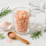 Pink salt trick recipe ingredients featuring Himalayan salt crystals and glass measuring tools