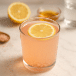Pink salt weight loss recipe detox drink in glass with Himalayan salt and fresh lemon