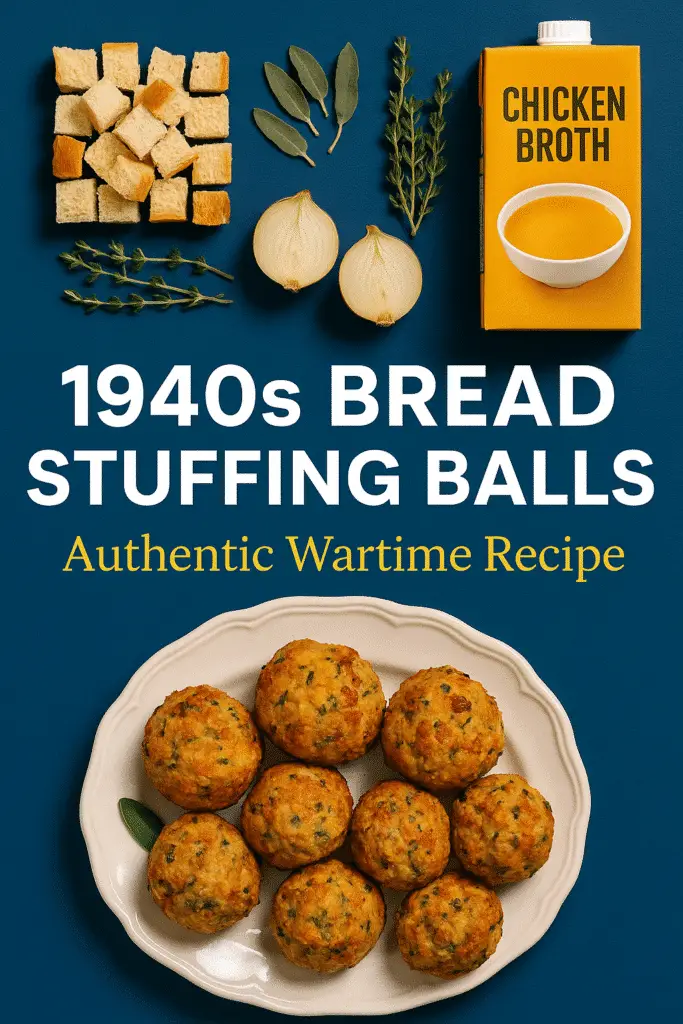 1940s bread stuffing balls Pinterest pin with ingredients and finished dish for vintage recipe