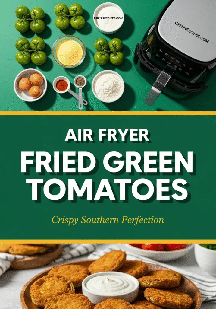 Pinterest pin for air fryer fried green tomatoes recipe with ingredients and finished dish CrennRecipes