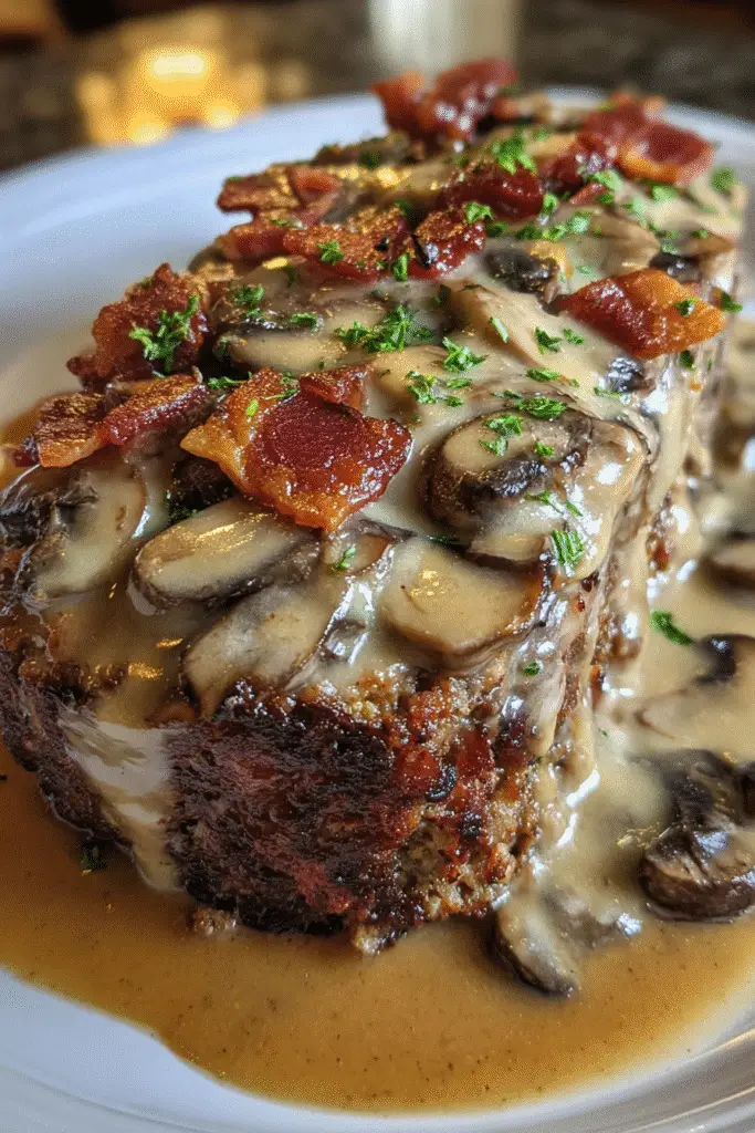 Pinterest-style Bacon Swiss Meatloaf with mushroom gravy and melted cheese close-up