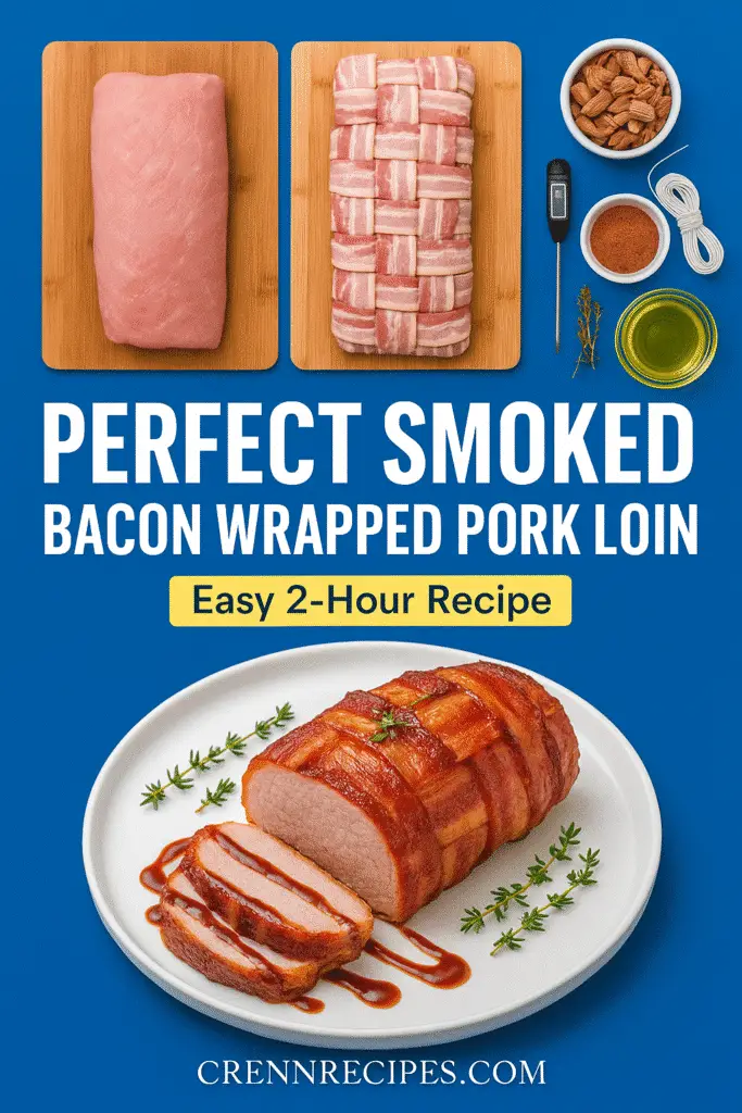 Step-by-step Pinterest pin showing how to make smoked bacon wrapped pork loin recipe from CrennRecipes.com