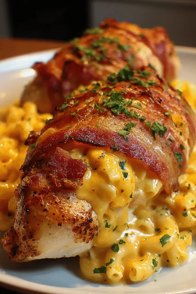 Pinterest-ready bacon-wrapped stuffed chicken breast recipe with creamy mac 'n' cheese filling and quality ingredients