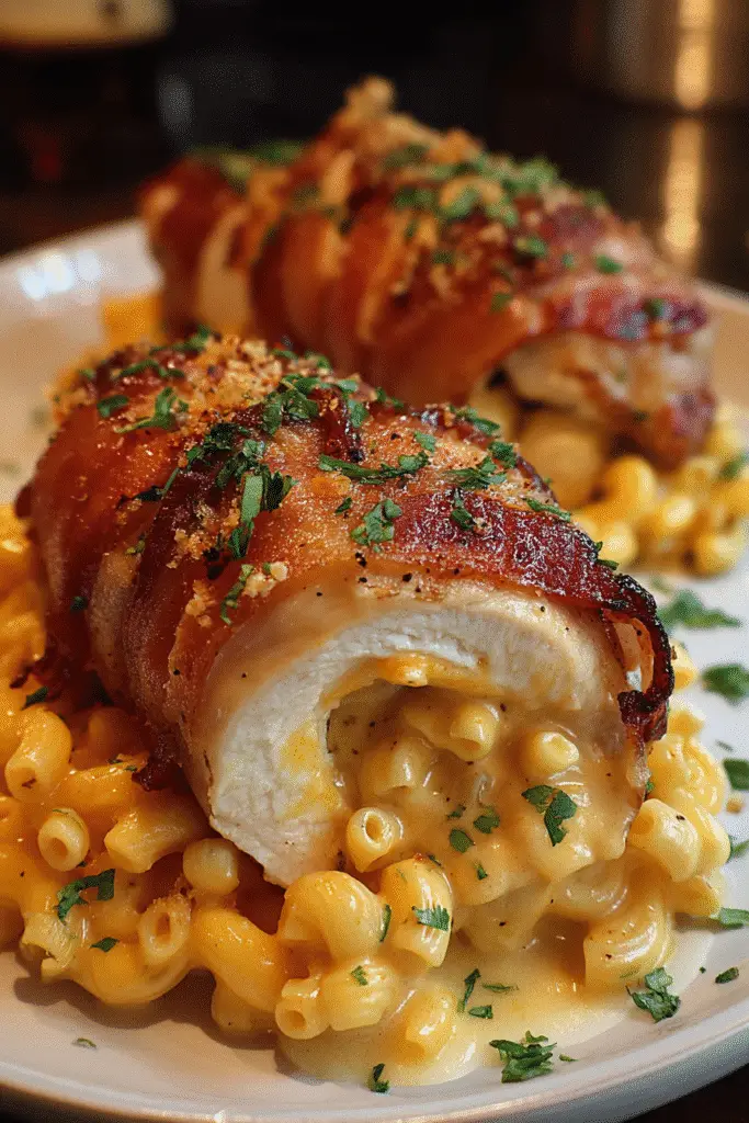 Comfort food bacon-wrapped chicken breasts stuffed with mac 'n' cheese using premium brand ingredients