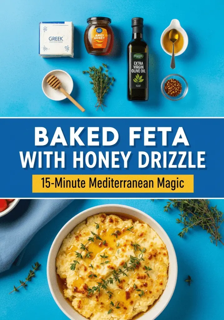 Pinterest pin for baked feta with honey drizzle recipe showing ingredients and finished Mediterranean appetizer