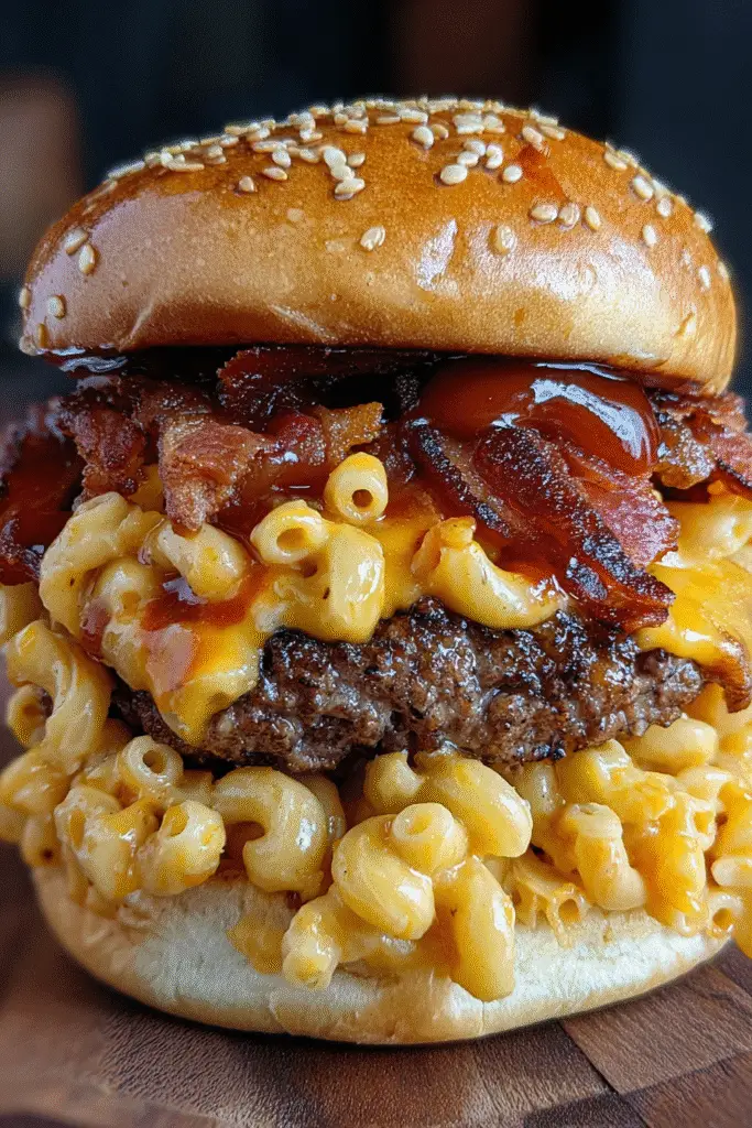 Pinterest-ready BBQ Bacon Mac 'n' Cheese Stuffed Burger recipe image showing melted cheese center