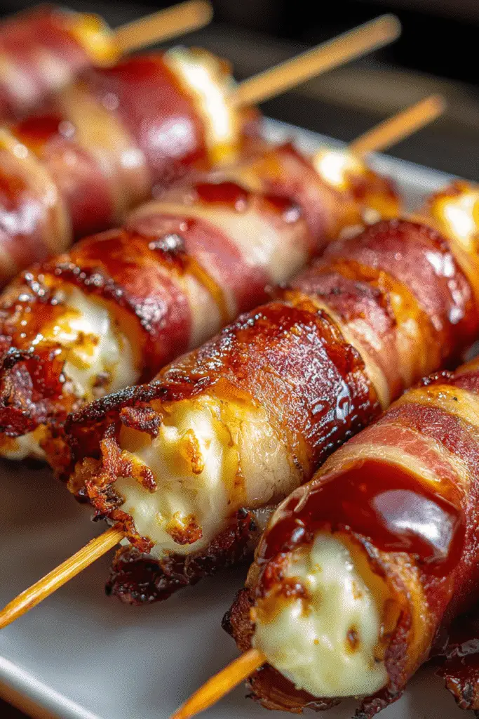 BBQ Bacon-Wrapped Mozzarella Sticks step-by-step Pinterest recipe card vertical layout