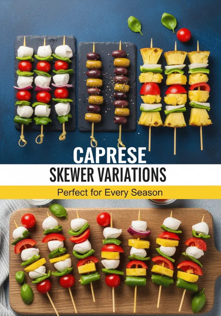 Pinterest pin showing Caprese skewer variations for seasonal entertaining - CrennRecipes.com recipe collection