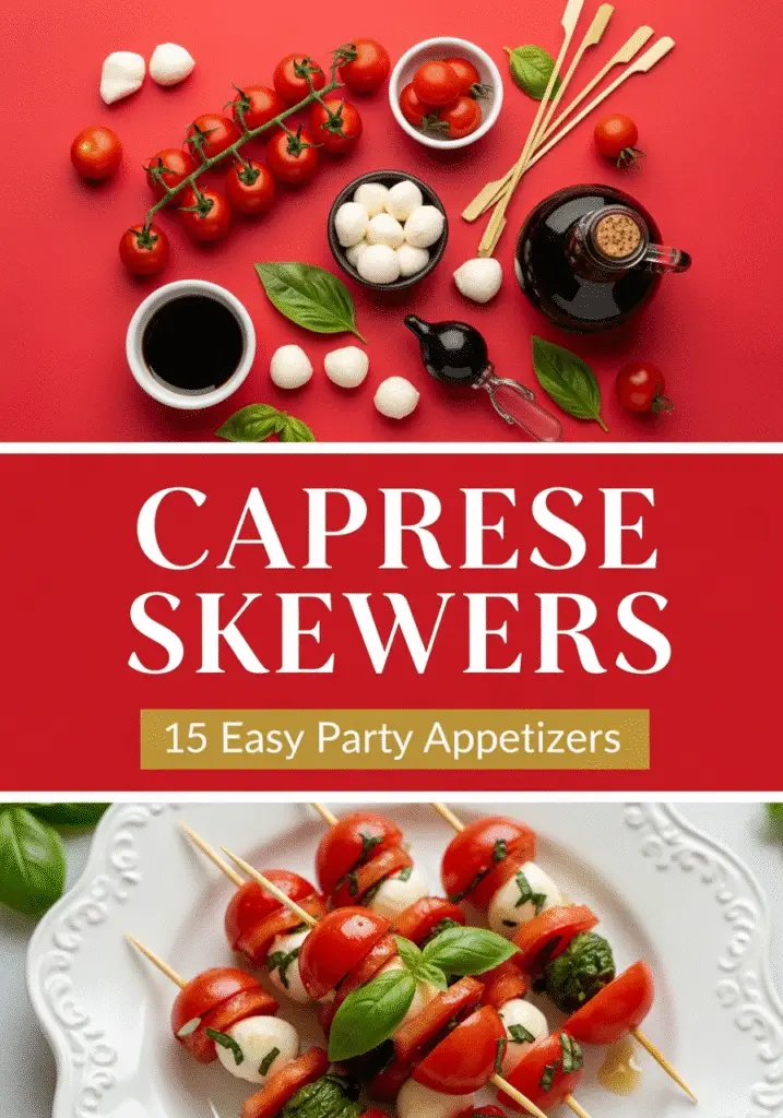 Pinterest pin for easy Caprese skewers recipe with ingredient showcase - CrennRecipes.com party appetizers