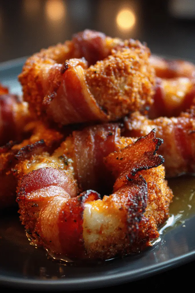 Game day appetizer Cheddar-stuffed bacon wrapped onion rings with crispy texture and melted cheese