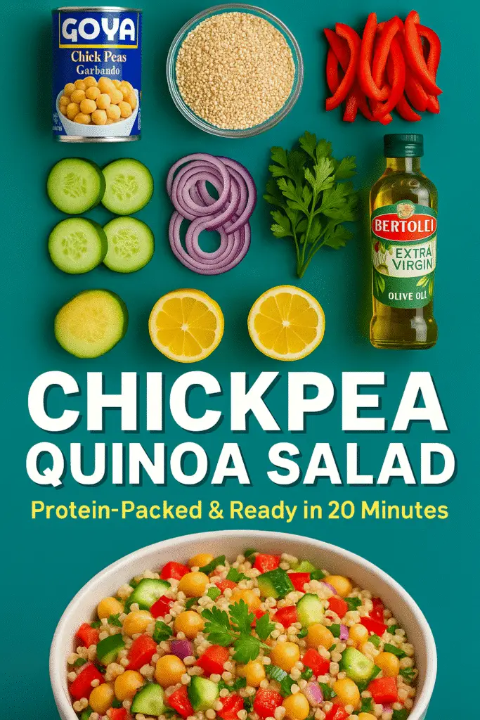 Pinterest recipe pin for chickpea quinoa salad with ingredient showcase - CrennRecipes healthy cooking