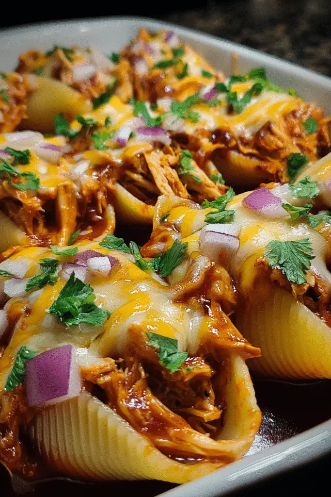 Cheesy BBQ pulled pork stuffed shells comfort food recipe